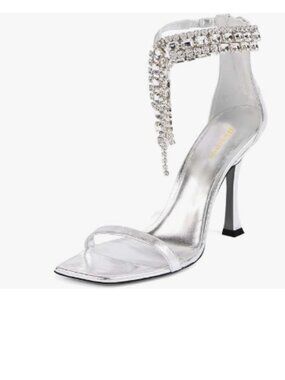 Wansseny Silver Women Gorgeous Rhinestone Ankle Strap Open Square Toe Sandals